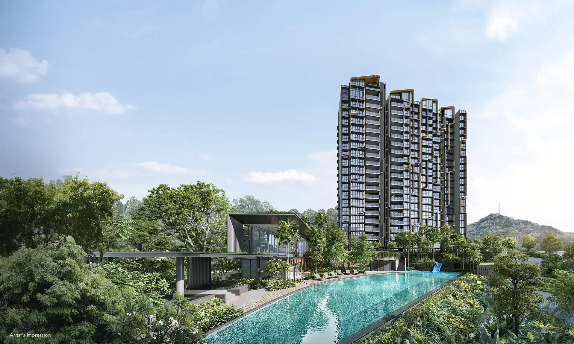 8@BT presents a luxurious living experience amidst lush greenery. The towering modern architecture, paired with an expansive pool and serene surroundings, offers an exquisite blend of comfort and nature.