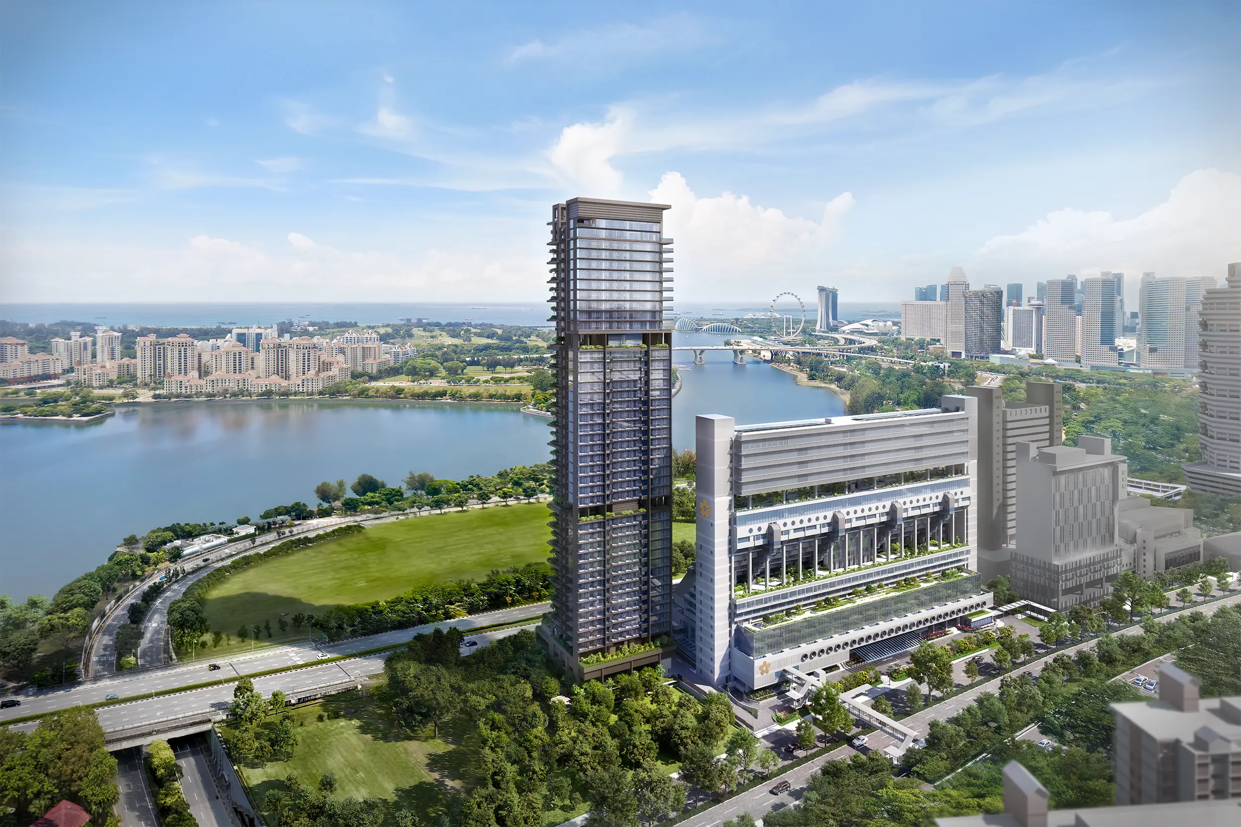 This aerial view captures Aurea's striking blend of heritage and modernity in the day time. Rising behind the conserved Golden Mile Complex, the sleek residential tower features panoramic views of Marina Bay Sands and Central Business District. The revitalized podium retains its iconic stepped profile, creating a unique harmony between the past and the future in Singapore’s city skyline.