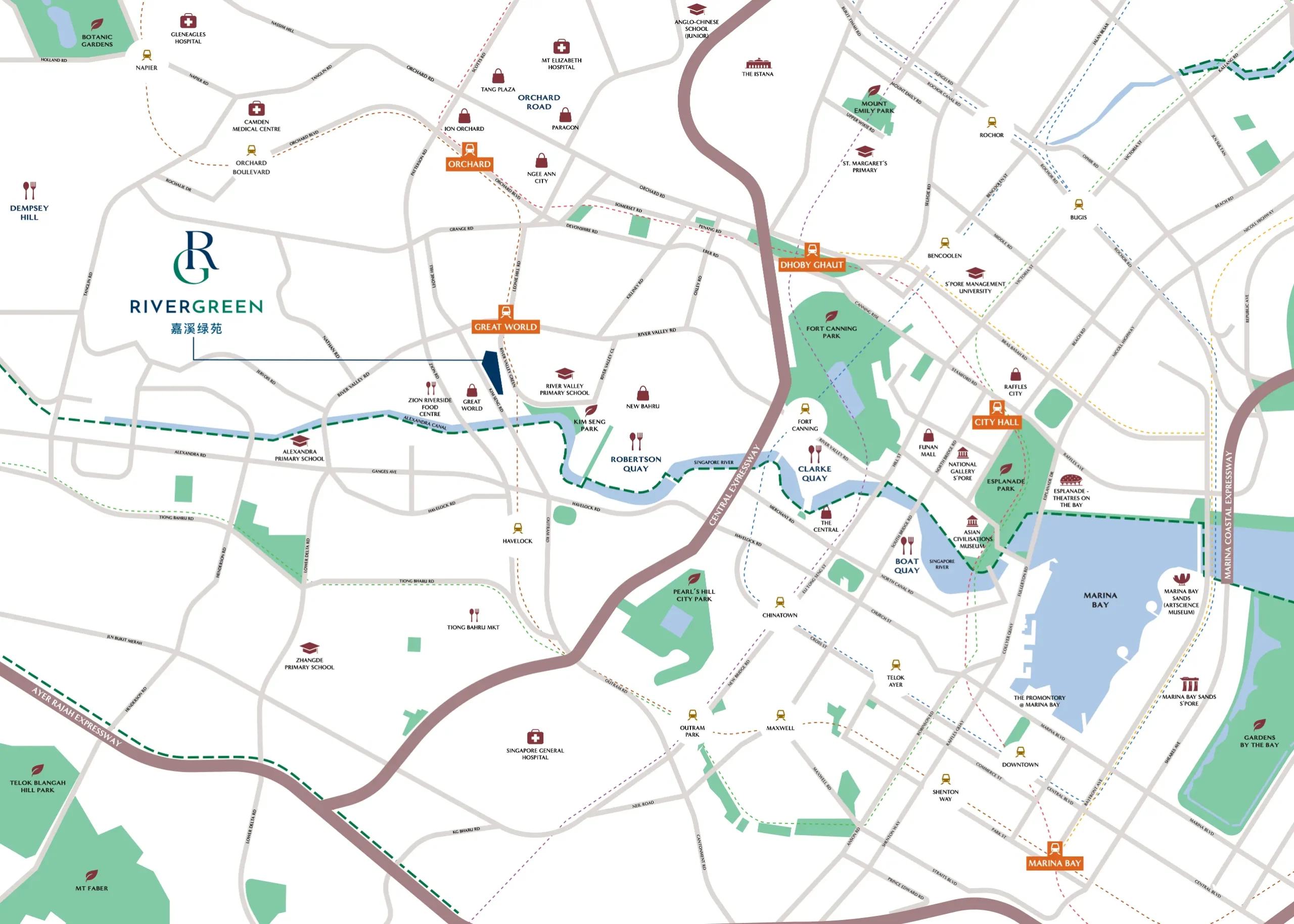 Official Map from developer brochure showing River Green condo location in District 9 Singapore near Great World MRT and Great World City Mall