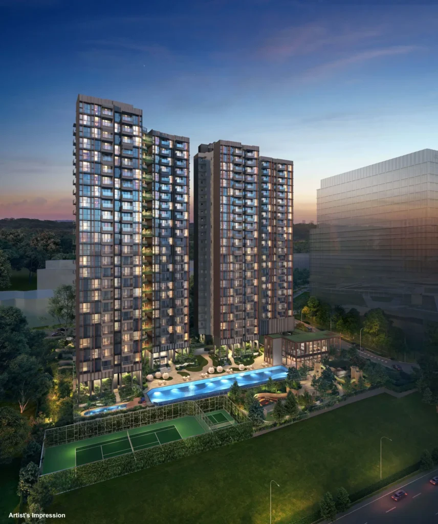 Lyndenwoods full condo facilities at night including pool, tennis court, and clubhouse by CapitaLand in Science Park Singapore