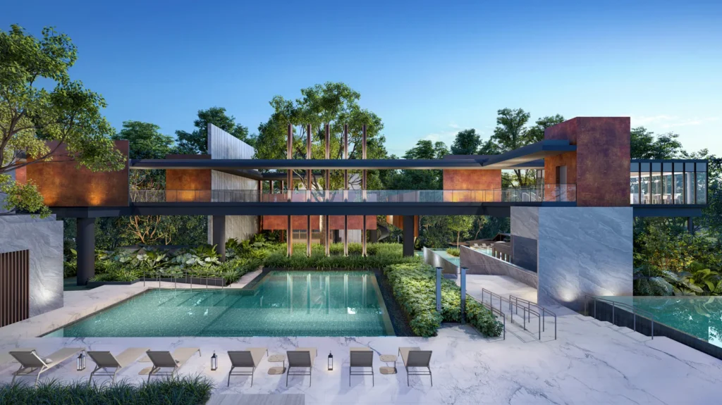 Promenade Peak luxury swimming pool and modern clubhouse amidst lush landscaping.