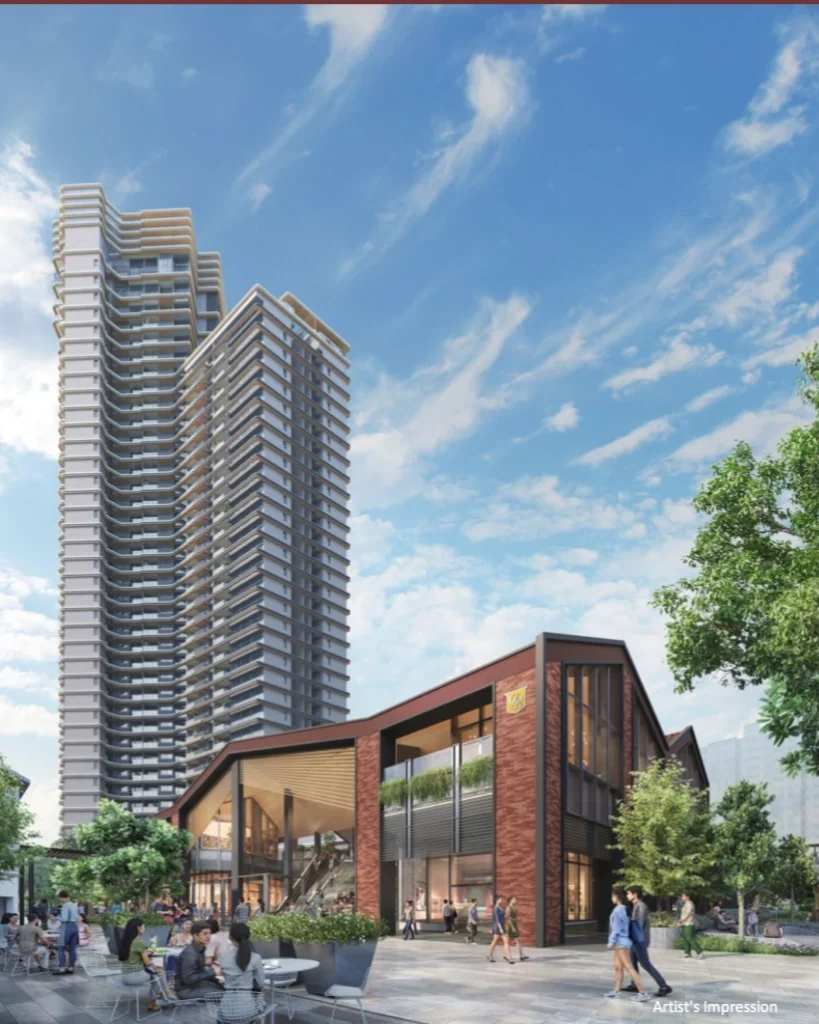 Union Square Residences Grand Stand Central Plaza commercial area with outdoor seating and retail spaces, with residential towers in the background