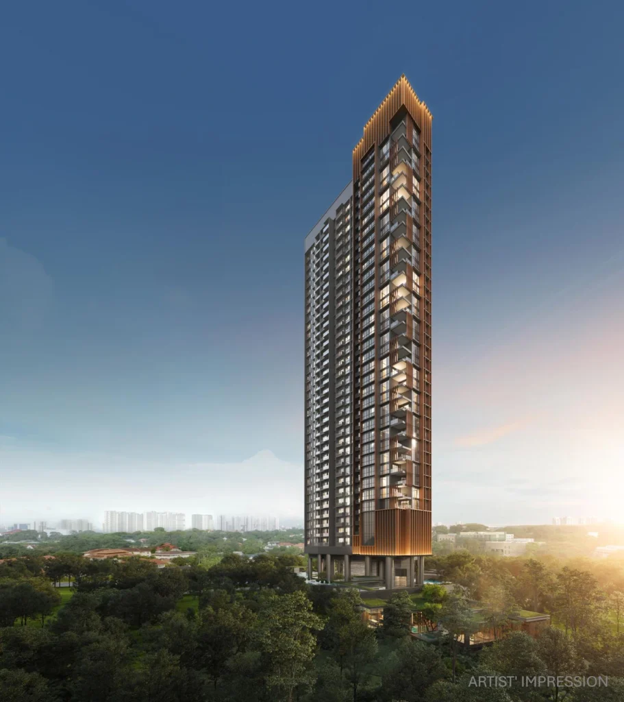 Upperhouse Orchard Boulevard high-rise luxury condominium exterior at dusk.