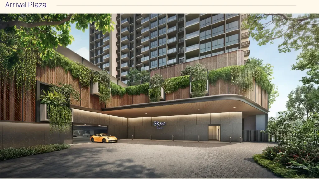 Skye at Holland's grand arrival plaza, featuring lush landscaping, modern design, and a welcoming entrance for this new luxury condominium in Holland Village, Singapore.
