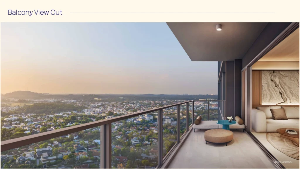 Balcony view from Skye at Holland luxury condo, showcasing panoramic city and lush green surroundings of Holland Village, Singapore, emphasizing elevated living.