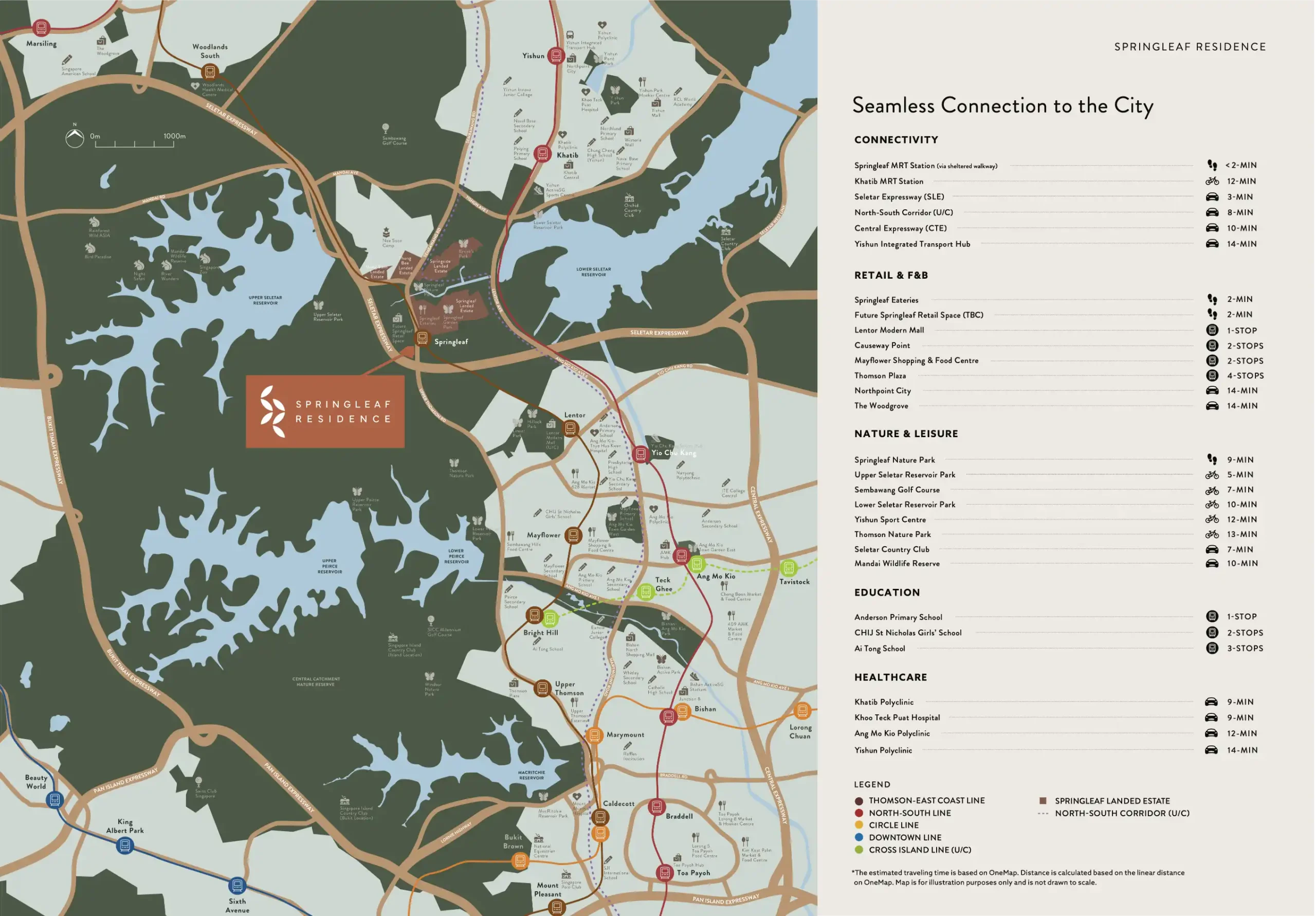 Springleaf Residence detailed location map, highlighting proximity to Springleaf MRT, Upper Thomson Road, amenities, nature parks, and key expressways in Singapore.