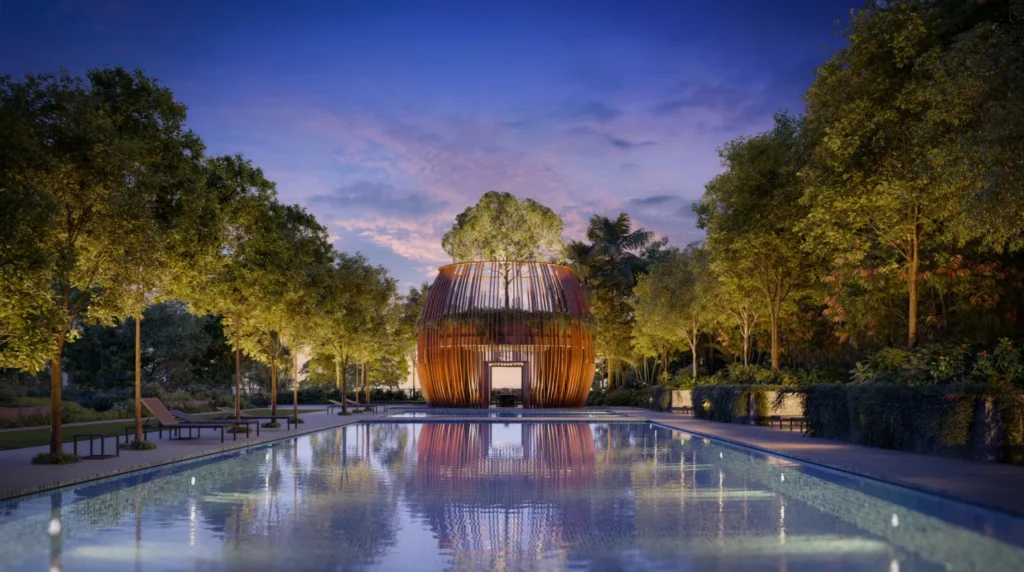 First-person view from the Springleaf Residence Lap Pool, showcasing a modern, sleek design with surrounding lush greenery and a serene environment.
