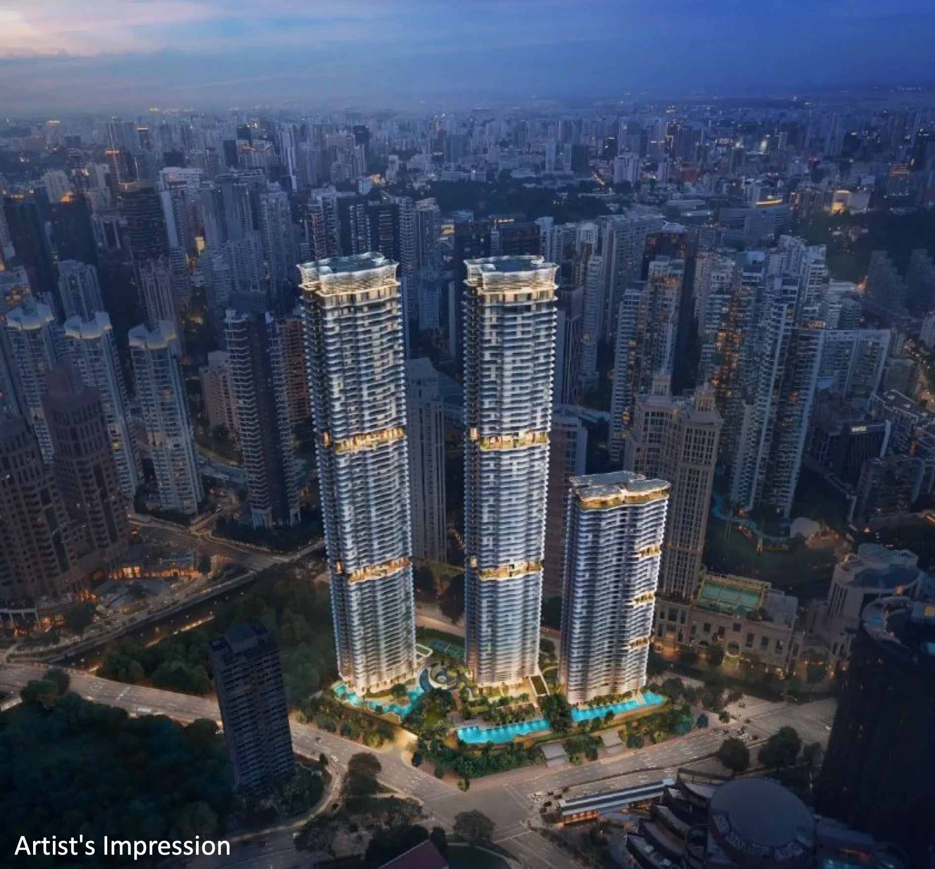 An aerial view of Zyon Grand's iconic towers against the twilight Singapore skyline, highlighting the commanding height and proximity to the CBD and surrounding urban landscape.