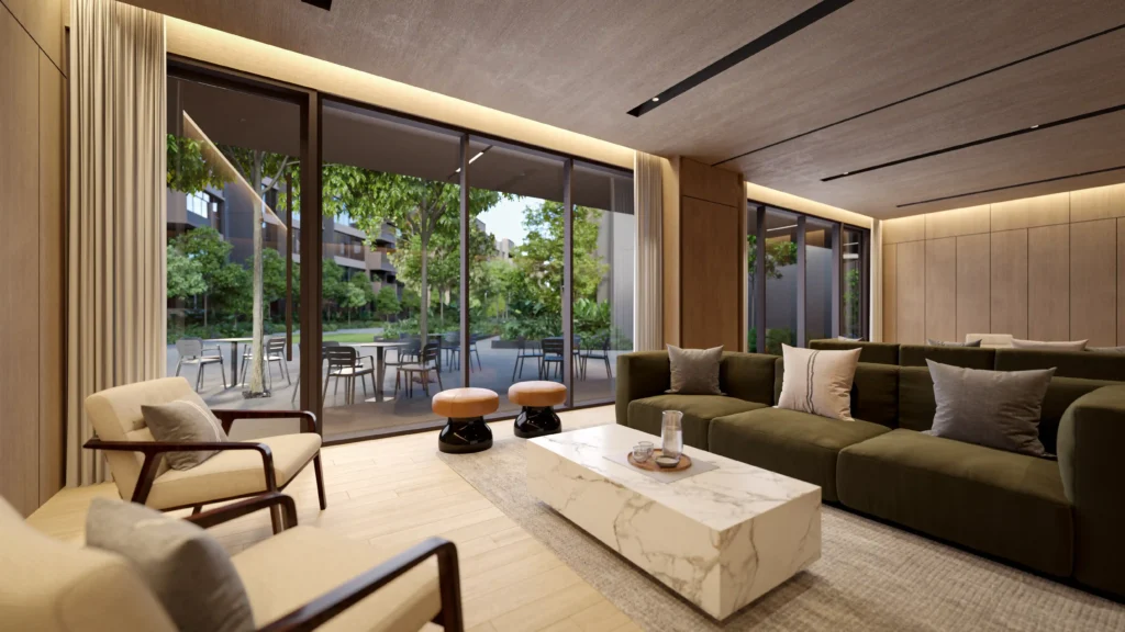 Faber Residence Clubhouse interior featuring a spacious dining and social area, designed for resort-style communal gatherings and luxury events.