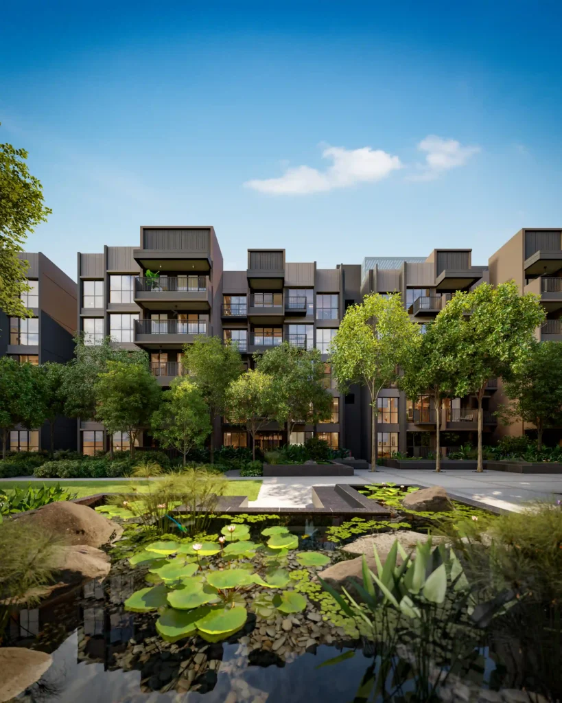 Faber Residence Lily Courtyard featuring a tranquil lily pond and water court, showcasing the low-rise condo's resort lifestyle at Faber Walk, Singapore.