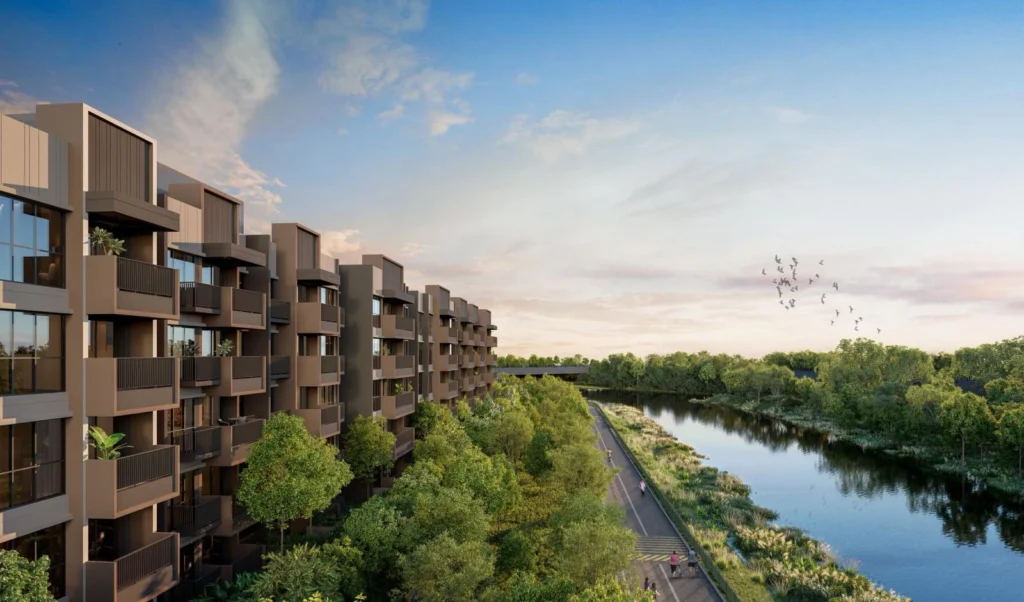 Faber Residence view of the tranquil Pandan River and Ulu Pandan Park Connector, highlighting rare riverfront living in Clementi (D5).
