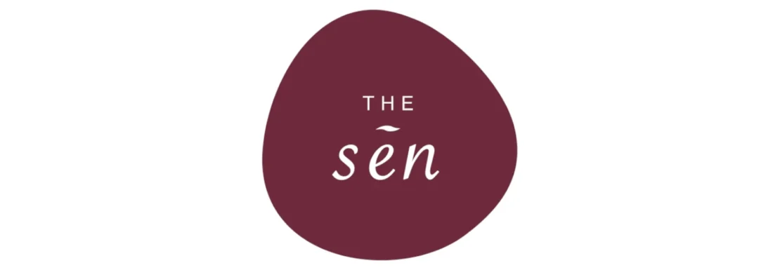 Official logo for The SEN luxury condo launch by Sustained Land and SL Capital, featuring "The Sen" in a clean, elegant typeface on a deep maroon background.