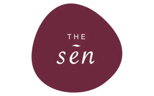 Official logo for The SEN luxury condo launch by Sustained Land and SL Capital, featuring "The Sen" in a clean, elegant typeface on a deep maroon background.