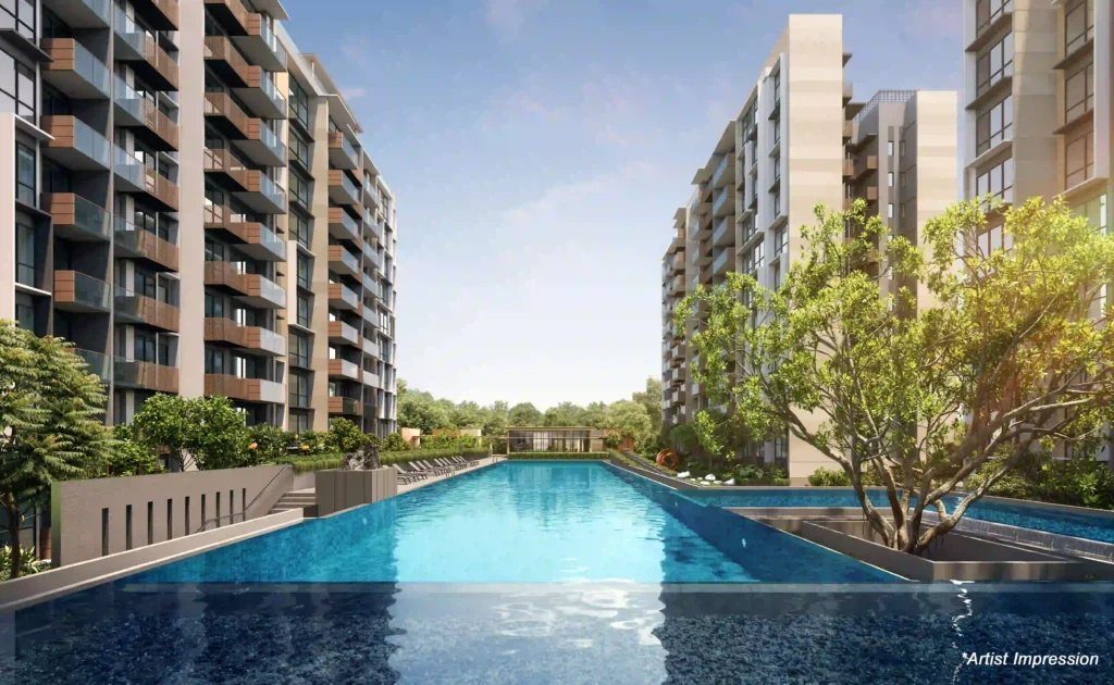 Artist impression of the 50m Lap Pool at The SEN luxury condominium, showing the water feature and serene residential blocks at Jalan Jurong Kechil.