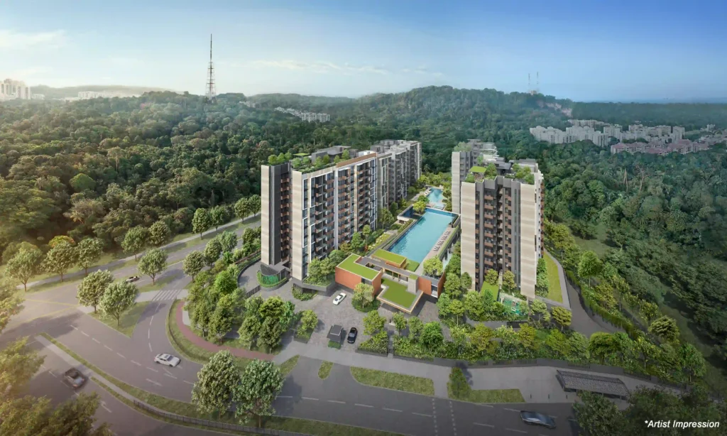 Aerial hero perspective of The SEN luxury condo at Jalan Jurong Kechil, highlighting its low-density blocks, expansive facilities, and lush surroundings near Bukit Timah Nature Reserve.
