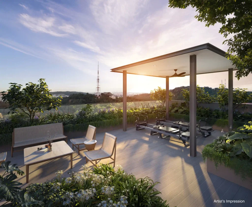 Artist impression of the The SEN Roof Pavilion (Meditation Deck) at sunset, featuring outdoor seating and Pilates/yoga equipment against a scenic, unblocked hill view in Jalan Jurong Kechil.
