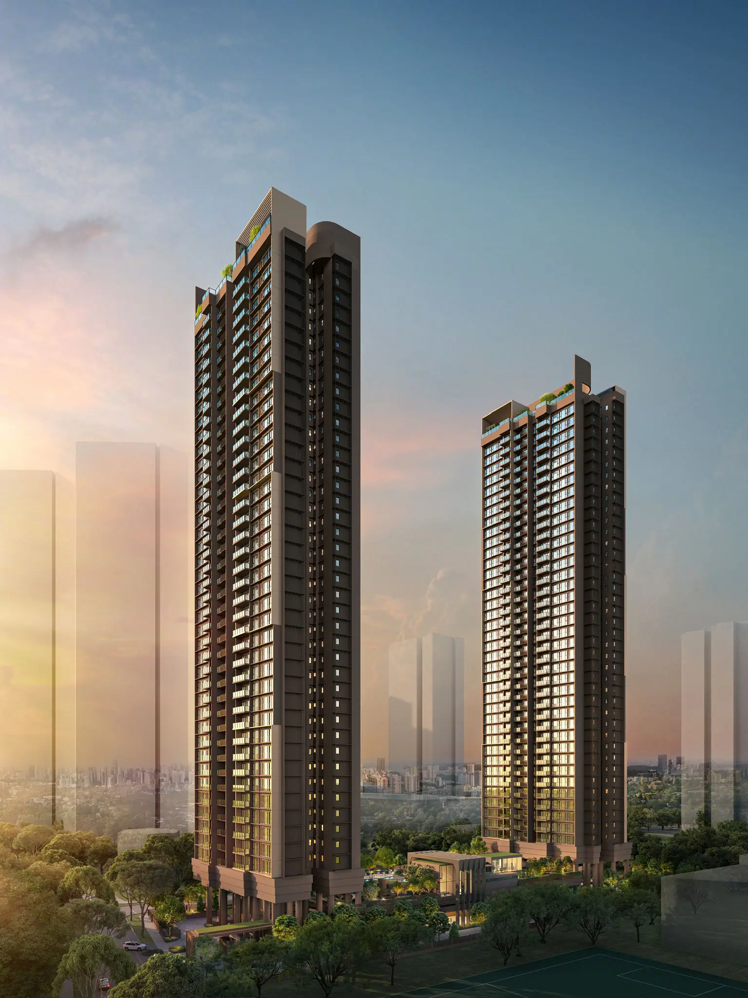 Penrith Condominium at Margaret Drive at dusk, showcasing two luxury residential towers by GuocoLand, Hong Leong Holdings, and Hong Realty.