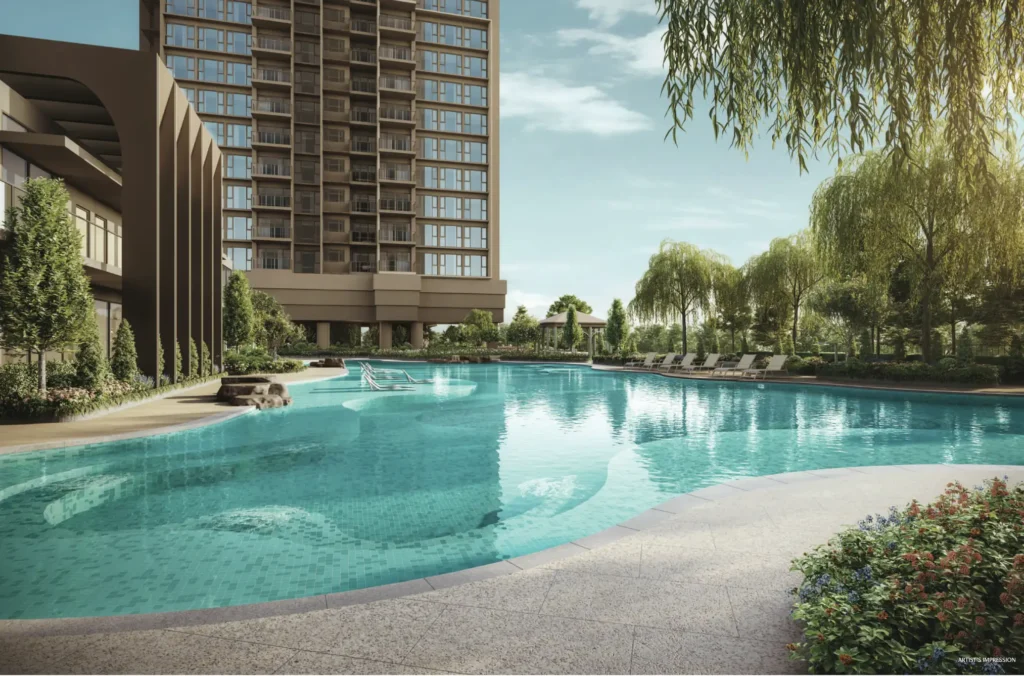 Resort-style swimming pool and pool deck at Penrith luxury condominium, Margaret Drive, Singapore.