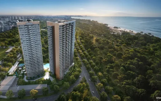 Wide-angle panoramic ocean view of Vela Bay along the Singapore coast.