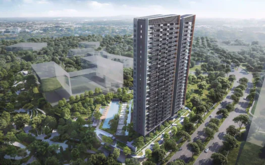 Aerial view of Blossoms By The Park towers and surrounding greenery.