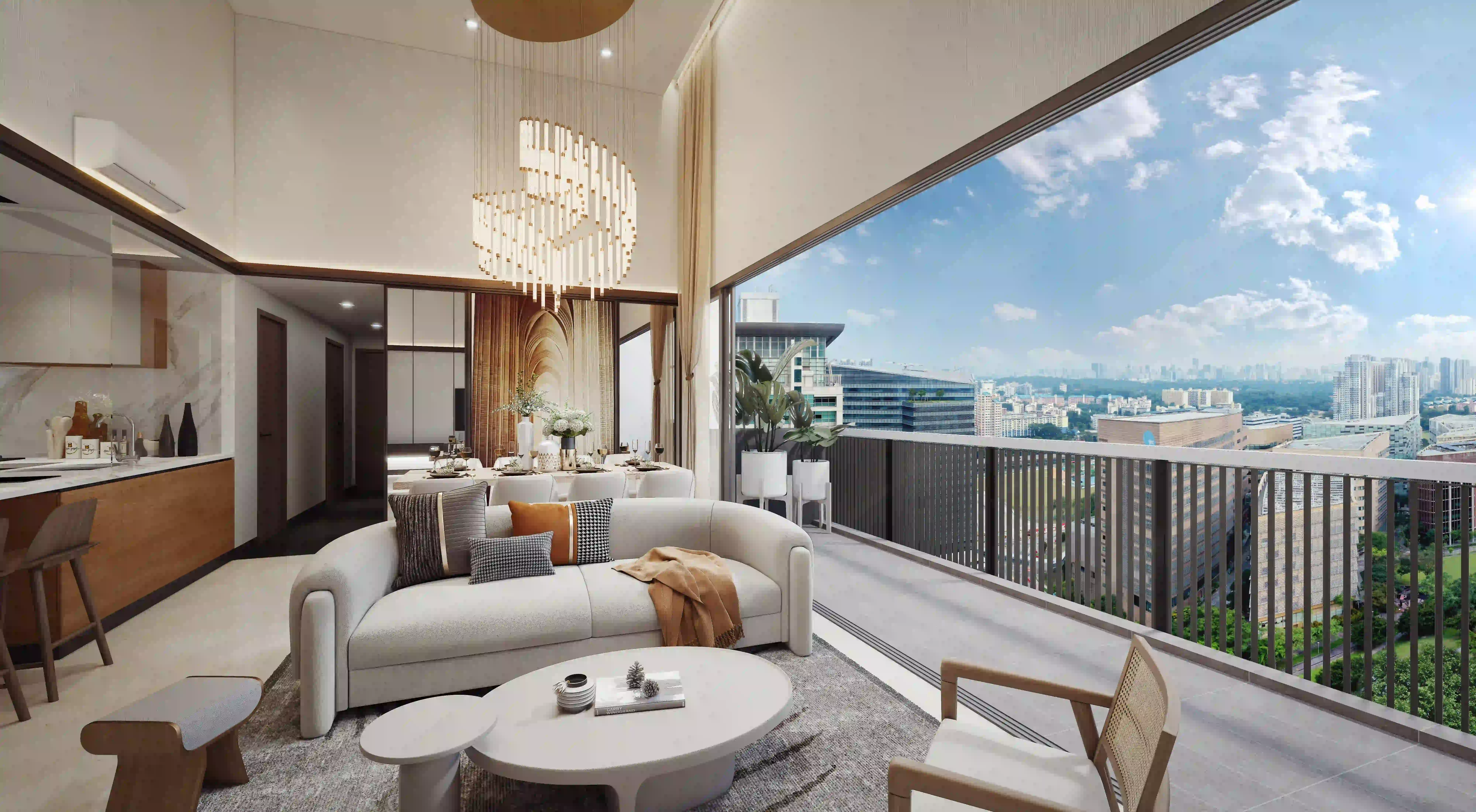 High ceiling living room and balcony view at Blossoms By The Park condo Singapore.