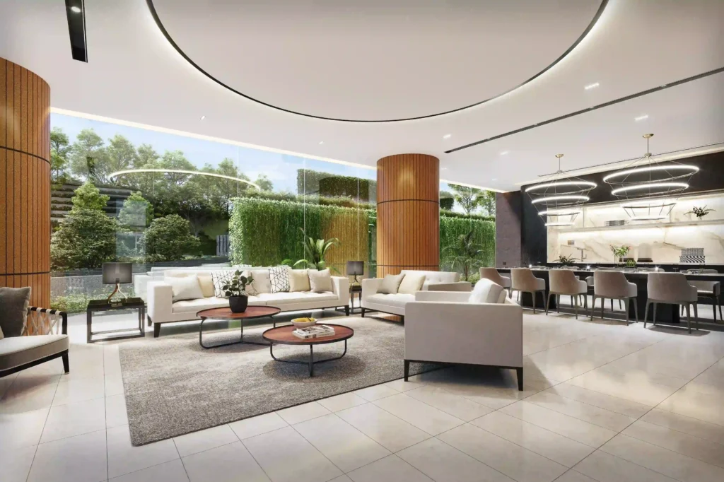Modern interior design of the resident lounge at Blossoms By The Park.