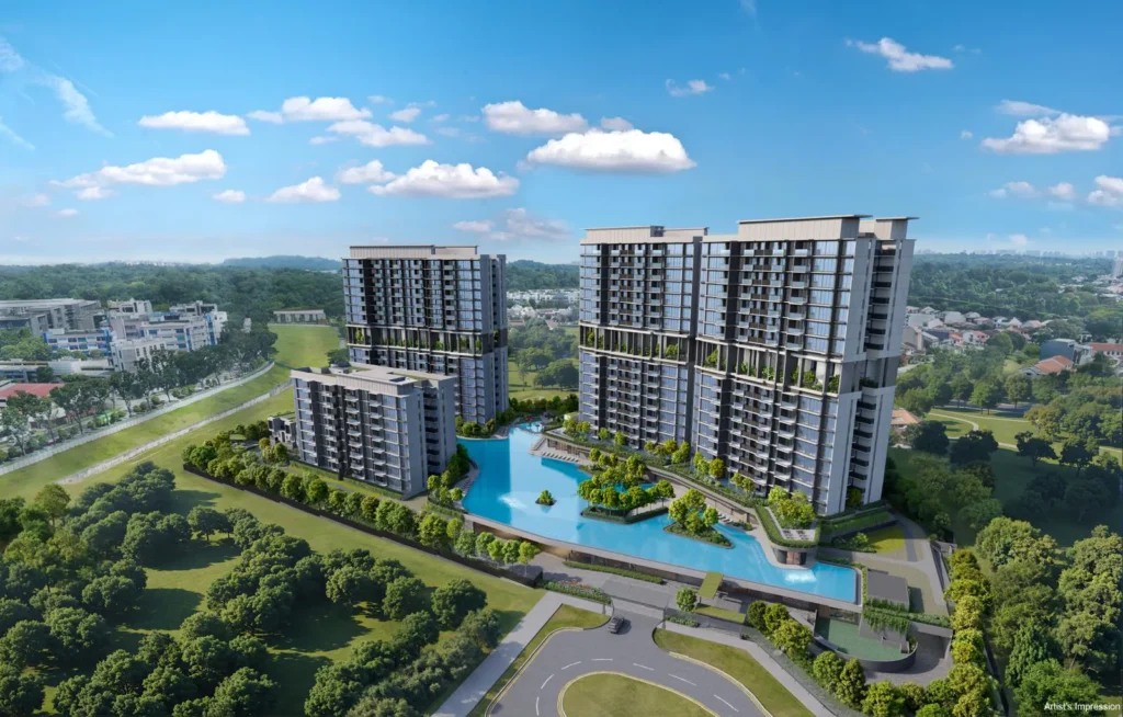 Lentor Gardens Residences daytime hero view with residential towers, landscaped pool deck, greenery and resort-style facilities in Singapore