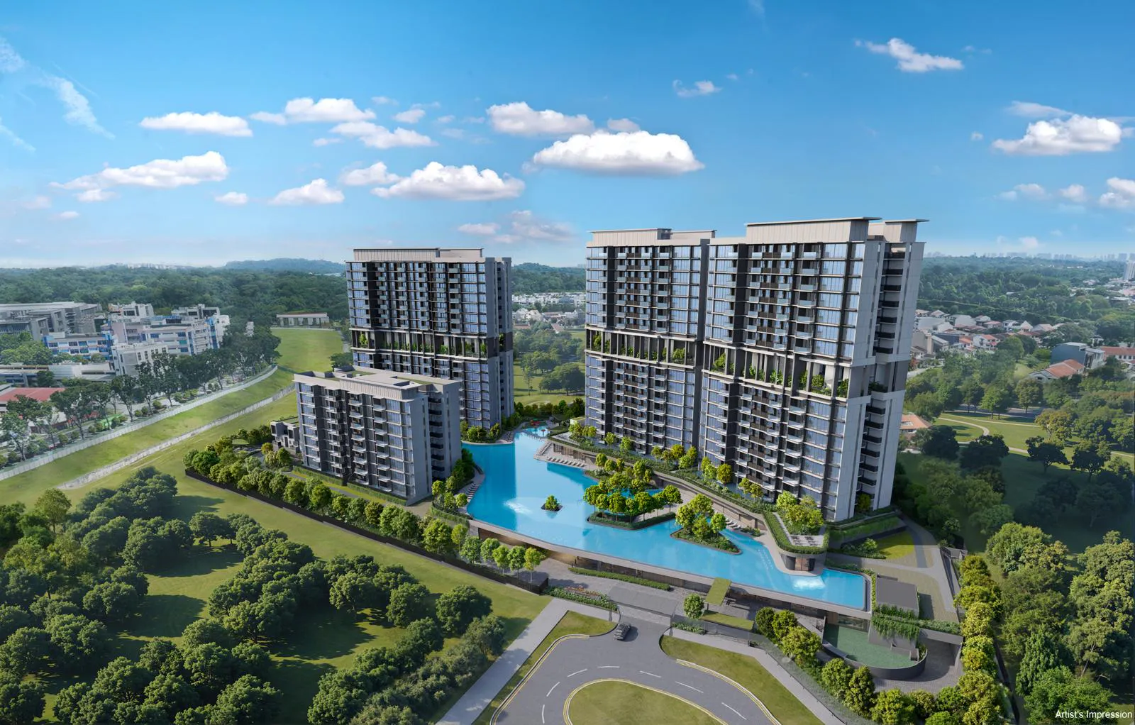 Lentor Gardens Residences daytime hero view with residential towers, landscaped pool deck, greenery and resort-style facilities in Singapore