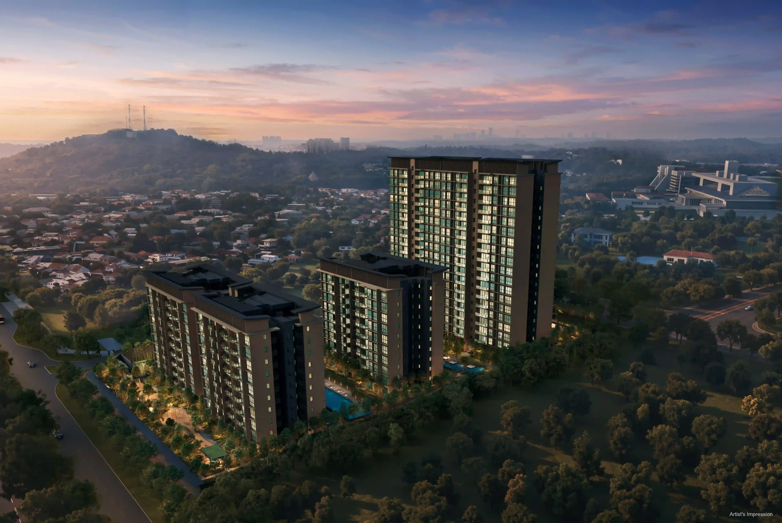 Dunearn House Former Turf City aerial view official artist impression showing the residential towers, surrounding greenery, Bukit Timah landscape and sunset skyline.