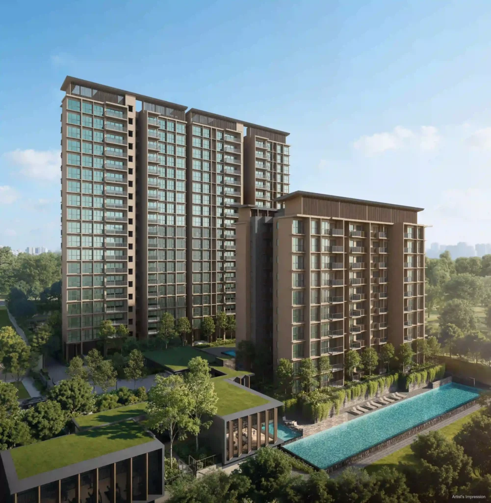 Dunearn House Former Turf City official artist impression showing the Bukit Timah residential towers, 50m lap pool, landscaped facilities and greenery.