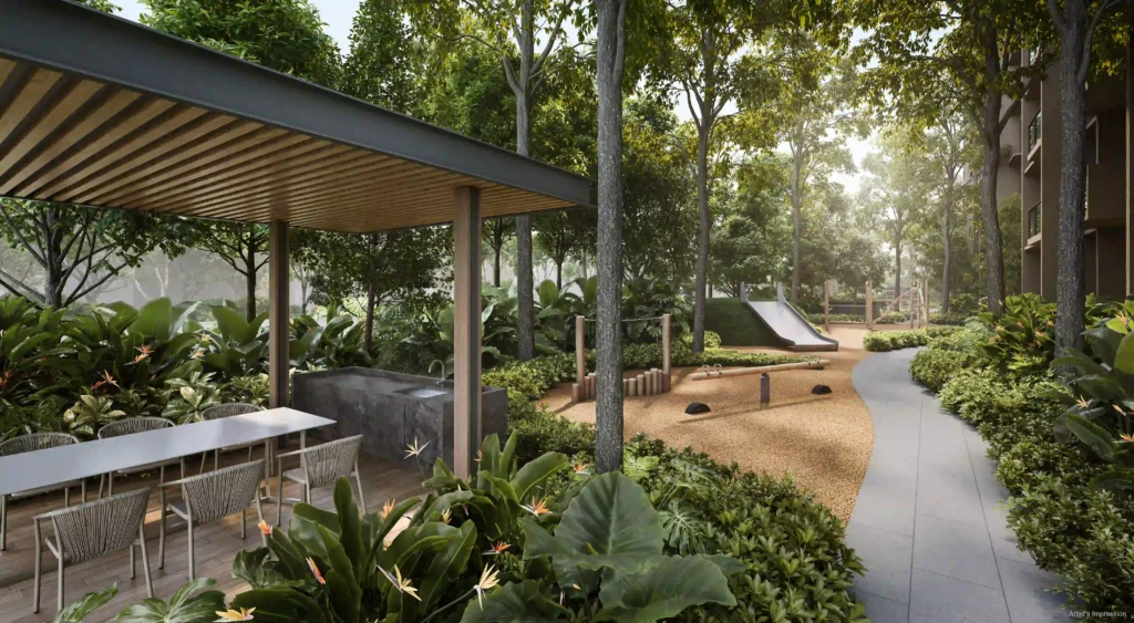 Dunearn House Play Garden official artist impression showing children’s play area, outdoor pavilion, landscaped walkway and lush greenery in Bukit Timah.
