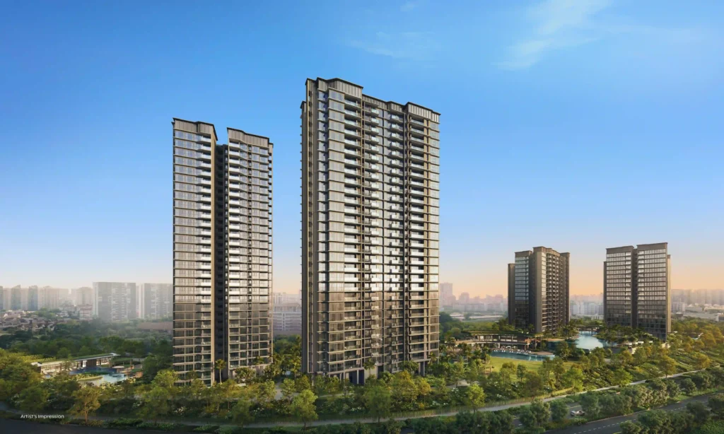 Artist’s impression of Thomson Reserve showing multiple residential towers, landscaped grounds, swimming pools and communal facilities in Upper Thomson.