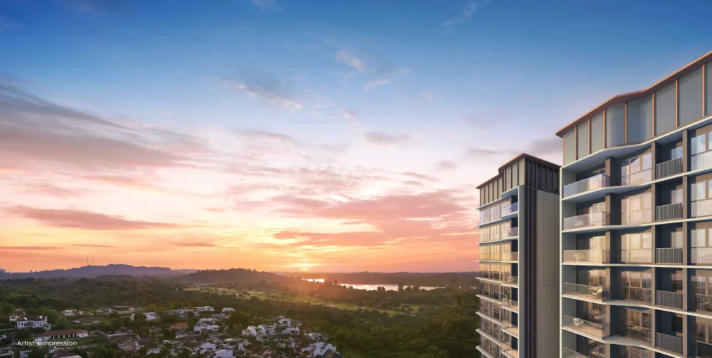 Artist’s impression of Thomson Reserve residences overlooking extensive greenery and a distant water view at sunset in Upper Thomson, Singapore.