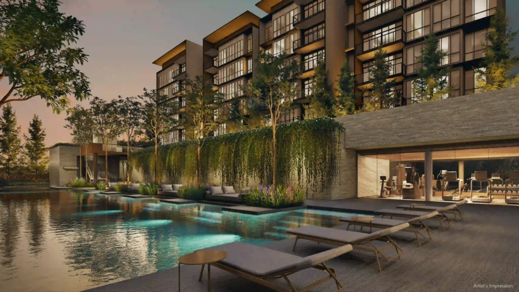 Evening artist's impression of Amberwood at Holland lakeside pool, sun deck, greenery and fitness studio