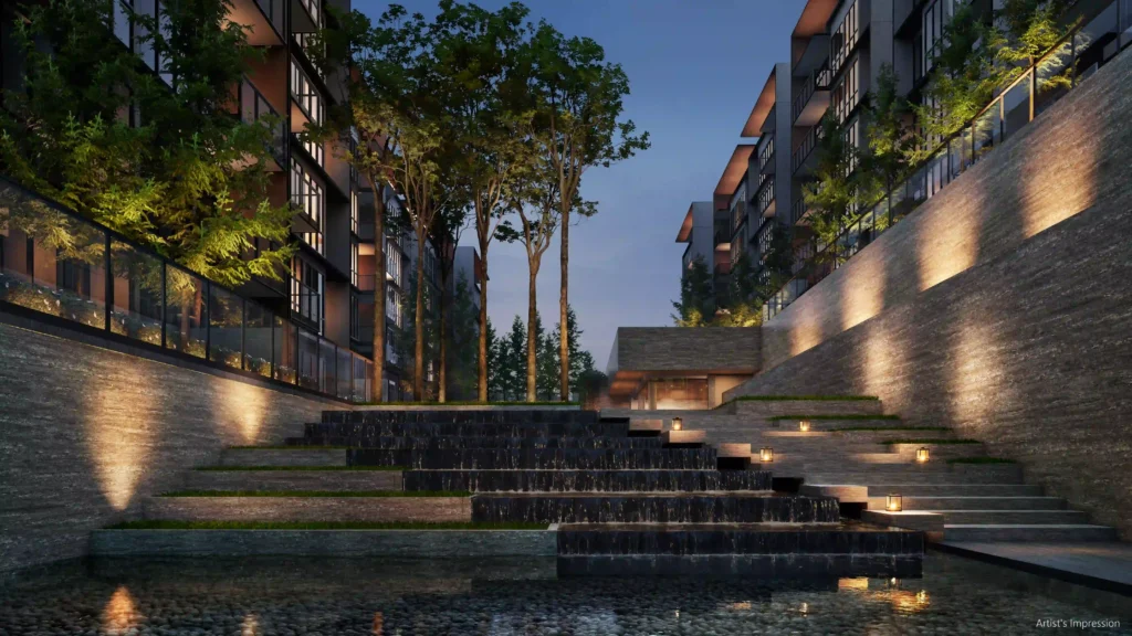 Evening artist's impression of Amberwood at Holland water terrace with cascading water, stone steps and illuminated landscaping