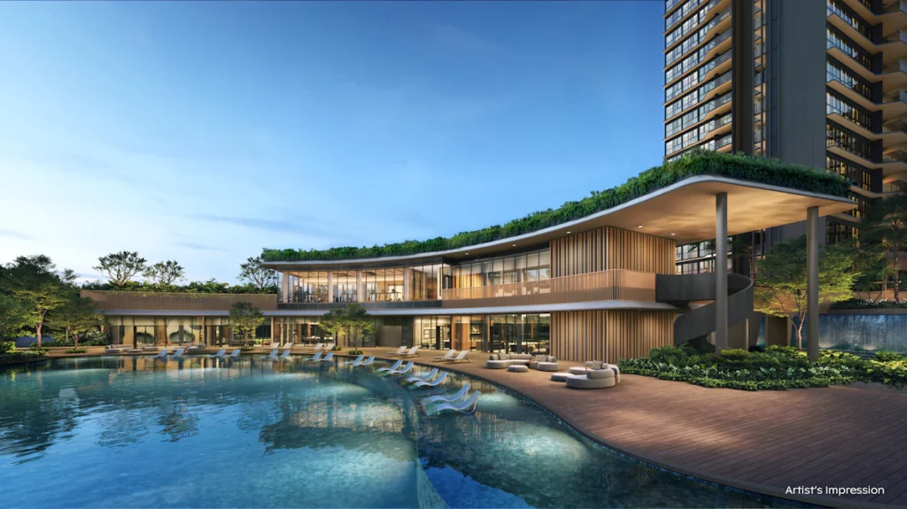 Artist's impression of Thomson Reserve clubhouse beside a curved swimming pool and landscaped deck