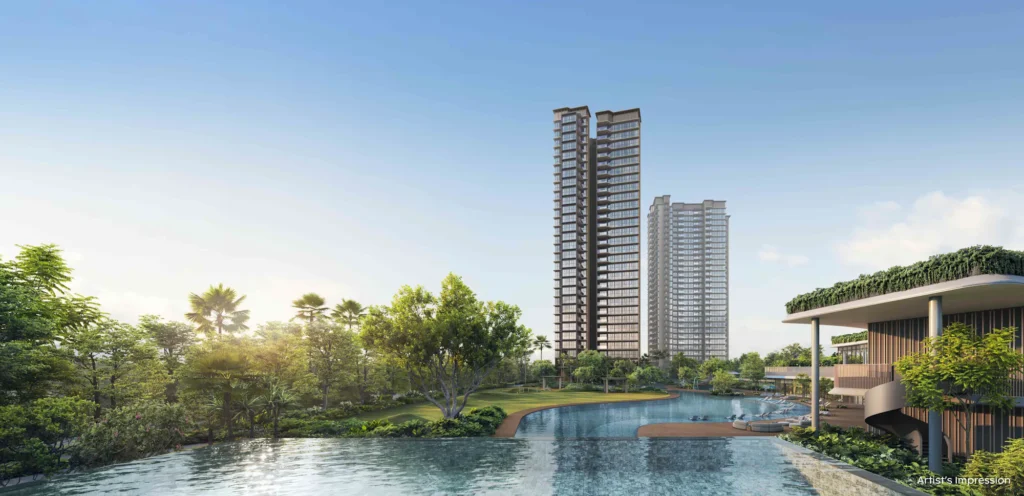 Artist's impression across Thomson Reserve's resort pools towards landscaped lawns, clubhouse and residential towers