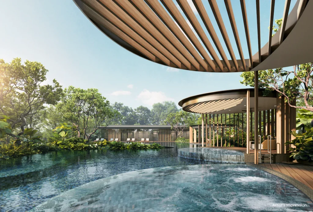 Artist's impression of Thomson Reserve spa hydrotherapy pool beneath curved timber canopies and tropical greenery