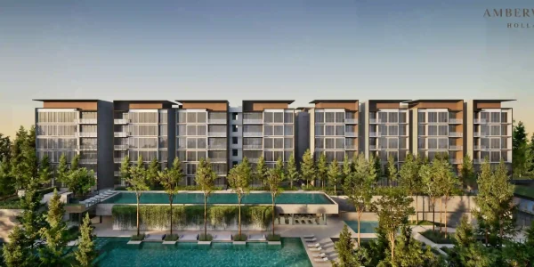 Daytime artist's impression of Amberwood at Holland low-rise blocks, layered pools and landscaped grounds