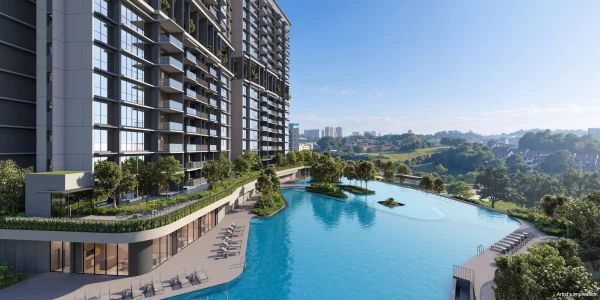 Lentor Gardens Residences 75m skyline pool with landscaped pool deck, greenery and modern condominium towers