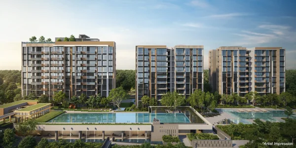 Artist impression of The SEN residential blocks, showcasing the facilities deck, large swimming pool, and modern high-rise facade at Jalan Jurong Kechil, Singapore, by Sustained Land.