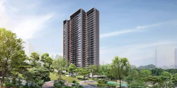 Exterior architecture of Blossoms By The Park condo at dusk.