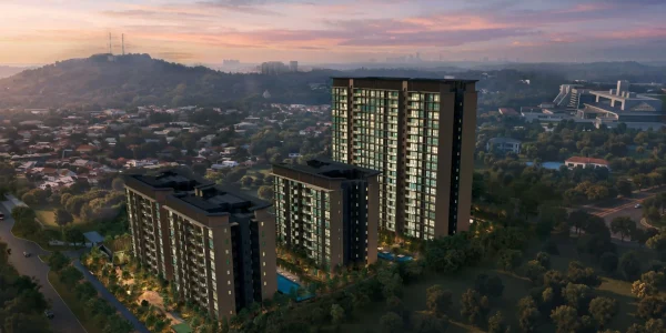 Dunearn House Former Turf City aerial view official artist impression showing the residential towers, surrounding greenery, Bukit Timah landscape and sunset skyline.