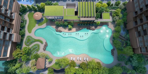 Aerial view of Penrith's main resort swimming pool, pool deck, and clubhouse facilities with lush, English-inspired landscaping.