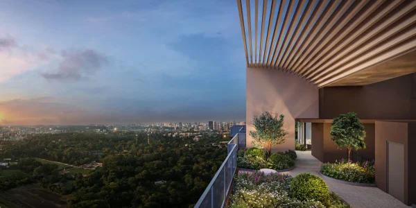 Elevated sunset view from the lush, landscaped rooftop garden of Penrith Condominium at Margaret Drive, overlooking the city-fringe.