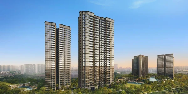 Artist’s impression of Thomson Reserve showing multiple residential towers, landscaped grounds, swimming pools and communal facilities in Upper Thomson.